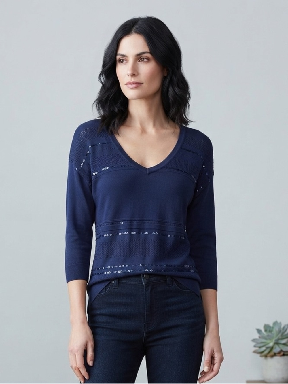 White House Black Market- Navy V-Neck Sweater with Subtle Sequin Detail